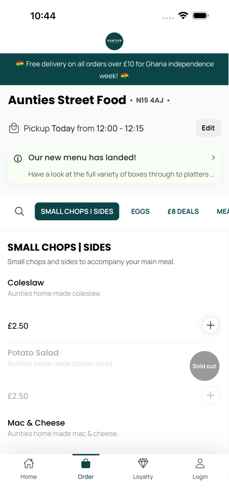 Aunties Street Food - Aunties Street Food mobile app menu displaying small chops and side dish options for order