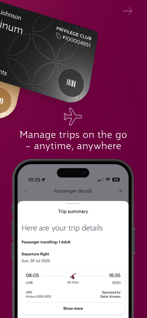 Interface de l'application mobile Qatar Airways affichant le résumé du vol et la carte de membre Privilege Club