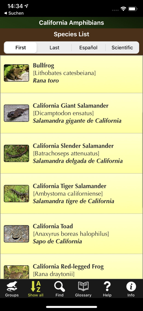 California Amphibians - Species list screen of the California Amphibians app showing frog and salamander names in English Spanish and Latin