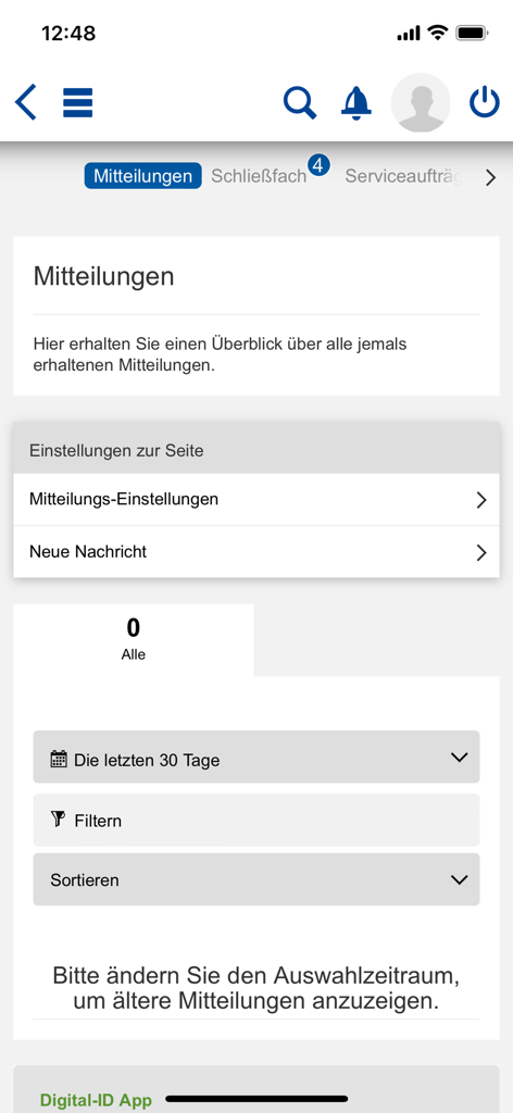Bank Burgenland Banking - Pantalla de notificaciones en la aplicación Bank Burgenland Banking que muestra el historial de mensajes y la configuración.