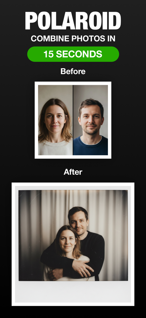 A before and after comparison showing two separate portraits combined into a single vintage polaroid style photo using AI
