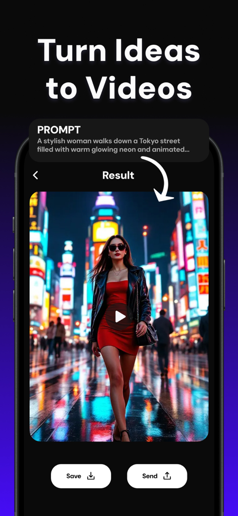 Boom AI mobile app screen showing how a text prompt creates an AI video of a woman in a neon city