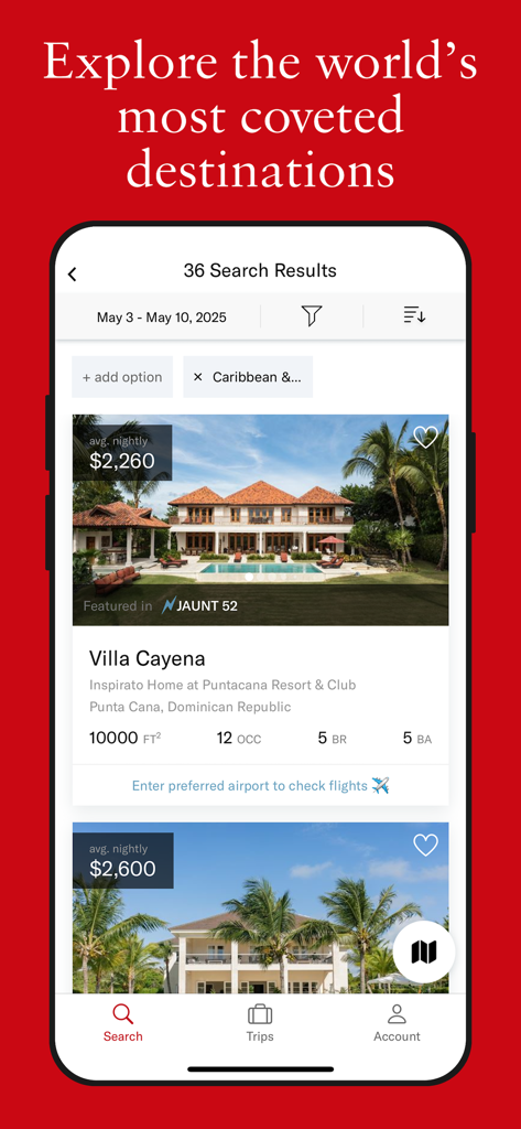 Search results for luxury vacation homes on the Inspirato app featuring a villa in Punta Cana.