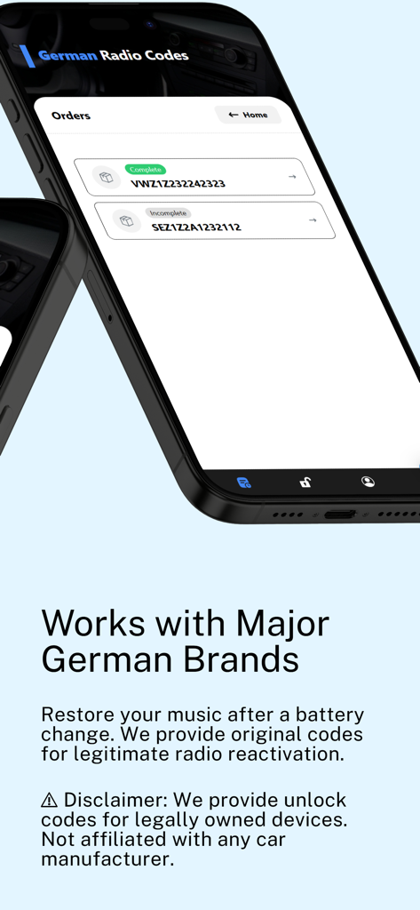 Radio Codes - German Cars - Mobile app interface showing a list of radio unlock code orders for German car brands like VW and Seat.