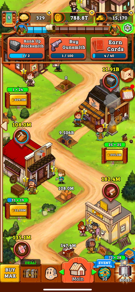 Cartoon Wild West town management screen showing buildings workers and gold progression