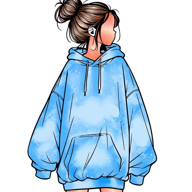 realistic girl with a oversized sweatshirt on and a bun