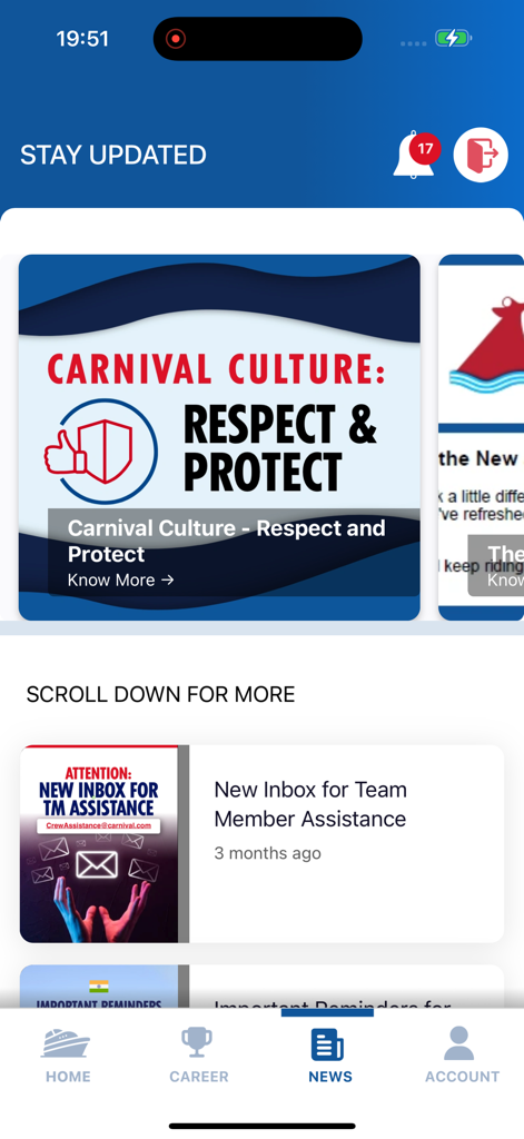 TMHub - Feed de noticias de la aplicación TMHub con la iniciativa de respeto y protección de la cultura de Carnival y actualizaciones de asistencia a los miembros del equipo.