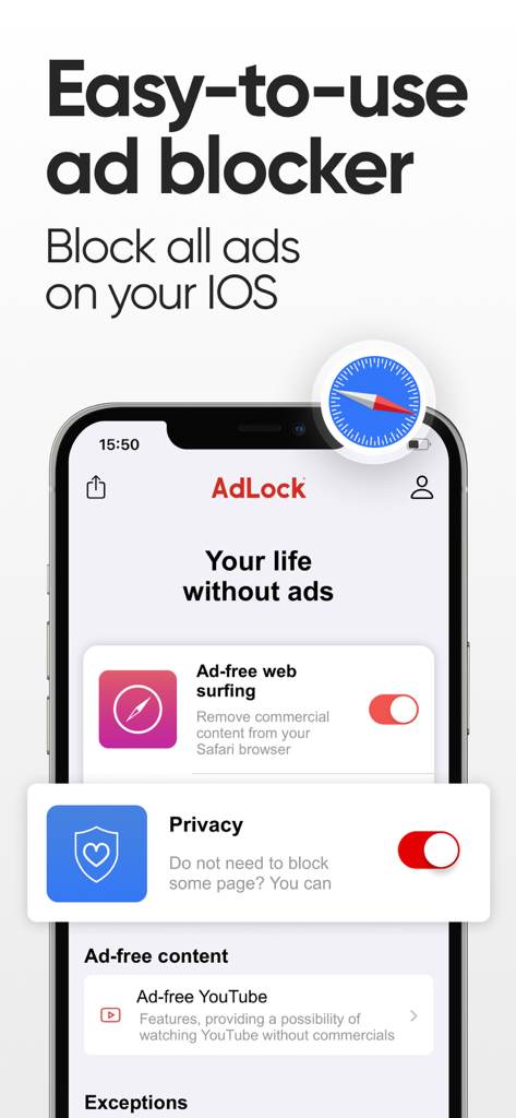 AdLock app interface on iPhone showing ad blocking for Safari and YouTube