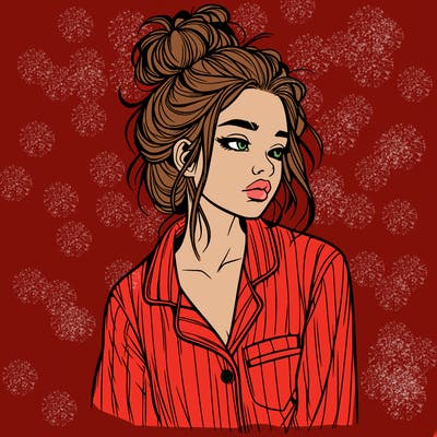 realistic woman with pajamas on and a messy bun