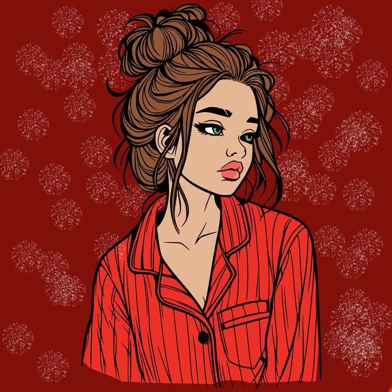 realistic woman with pajamas on and a messy bun