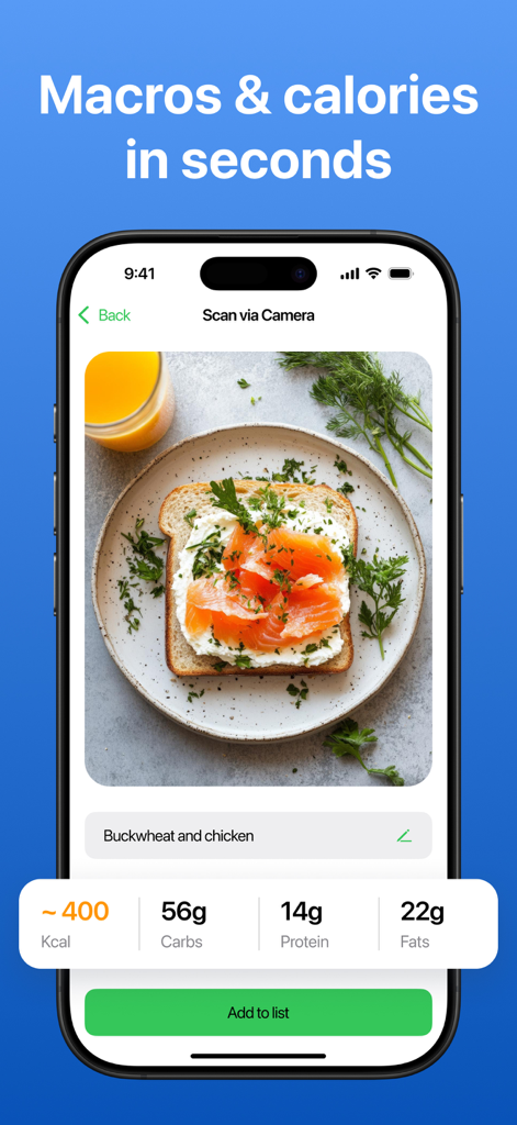 AI Calorie Counter, Tracker - Aplicación Contador de Calorías con IA que muestra un escaneo por cámara de una comida con detalles de calorías y macros