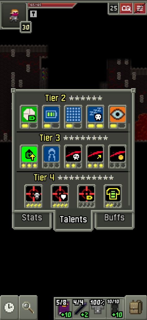 Menu dentro do jogo mostrando os talentos do personagem em três níveis em Shattered Pixel Dungeon.