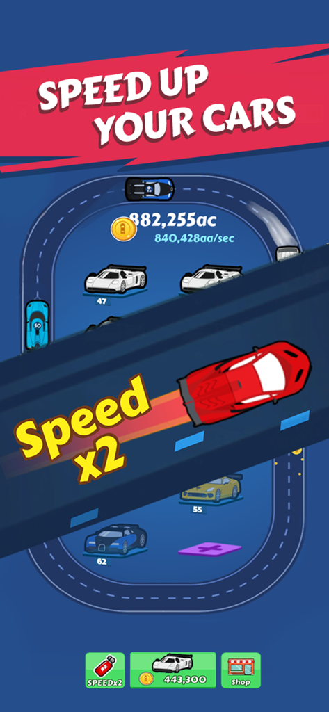 Merge Car - Idle Car Tycoon - Luxury cars racing on a track with a speed boost multiplier in Merge Car Idle Tycoon