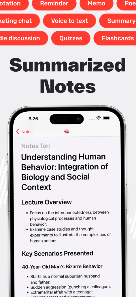 Tela de celular mostrando resumos de aulas e anotações de estudo gerados por IA do Studley.