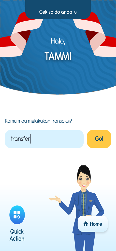 Welcome screen of DIGI bank bjb app showing user greeting and transaction search bar