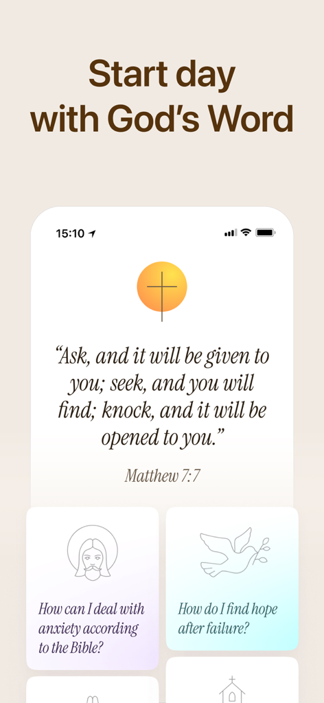 Bible Chat & Verse Widget - Bible Chat app showing a daily scripture from Matthew 7 7 and chat prompts for spiritual support