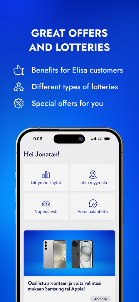 OmaElisa - Pantalla de la aplicación móvil OmaElisa que muestra loterías de beneficios para el cliente y ofertas especiales para dispositivos Samsung y Apple.