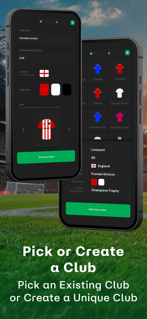 Club Chairman - Football Game - Pantalla que muestra la personalización y selección del club en el juego de fútbol Club Chairman