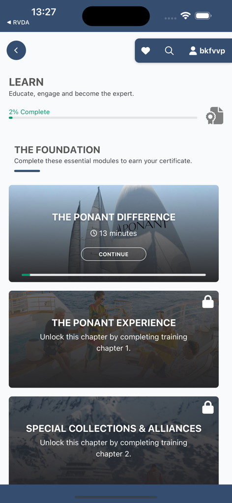 PONANT Explorer - Ponant Explorer app interface showing travel advisor training modules and learning progress