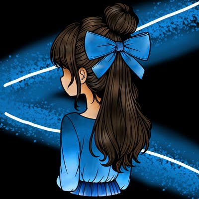 realistic girl  with hip length hair a bun and a big bow on the back of head