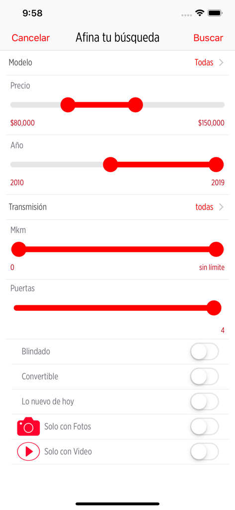 Search filters for cars in the Avisos de Ocasion app with price and year ranges