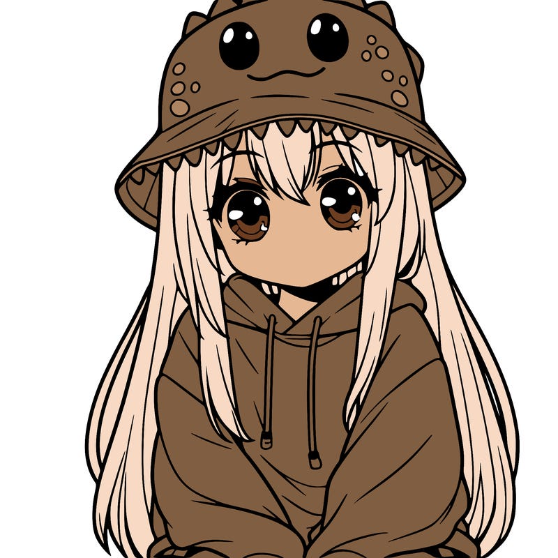 girl with anime shaped eyes with a dinosaur bucket hat oversized sweatshirt long straight hair