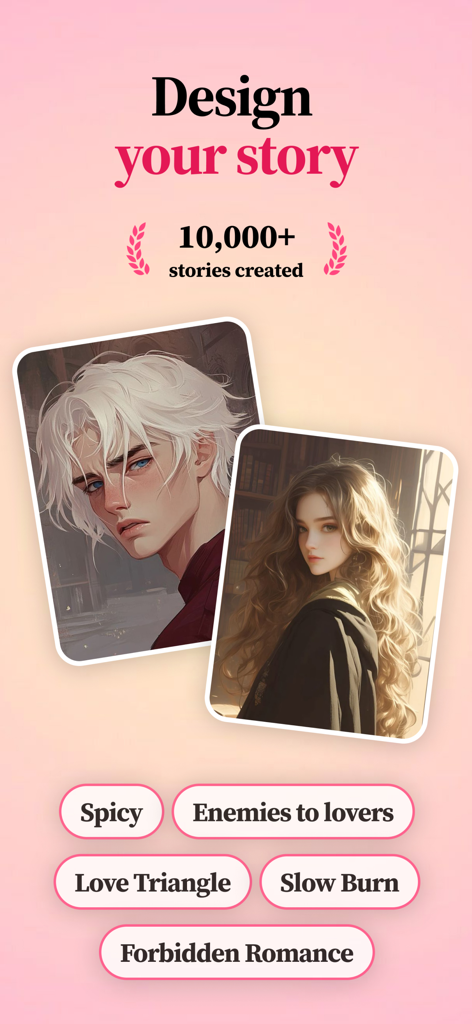 Tease: Spicy Romantic Fiction - Tease App-Bildschirm, der KI-Charakterporträts und Auswahl-Buttons für Romanzen-Tropen wie Enemies to Lovers und Slow Burn zeigt.