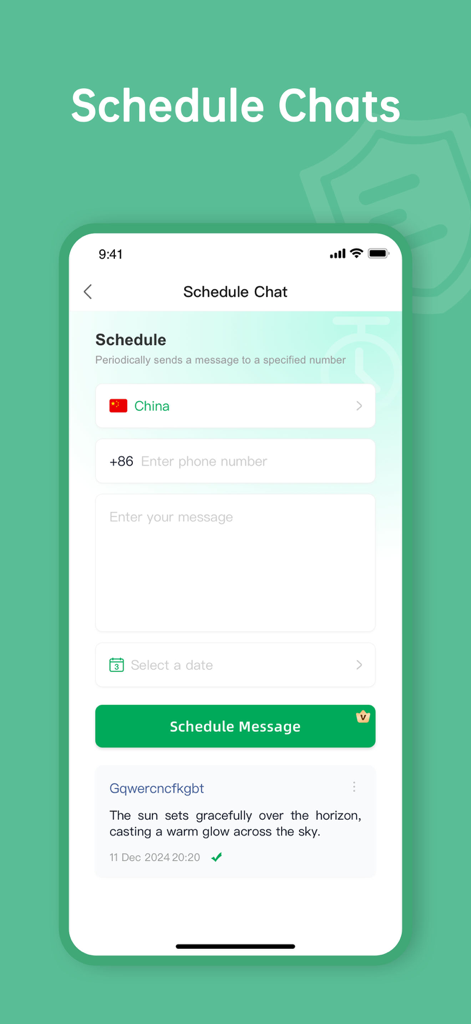 Pantalla que muestra la función de programar chat con campos para número de teléfono y mensaje.