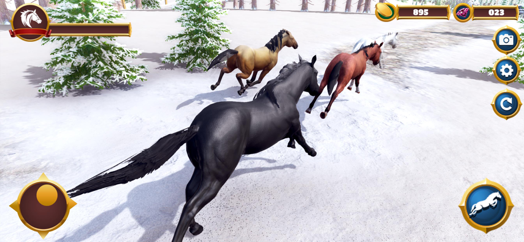 Virtual Horse Family Simulator - Un grupo de caballos corriendo por un bosque nevado en un juego de simulación 3D