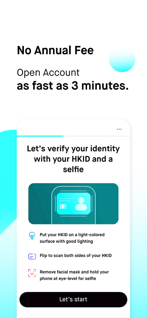 Mox Bank App Bildschirm, der den Kontoeröffnungsprozess und die HKID-Verifizierung zeigt