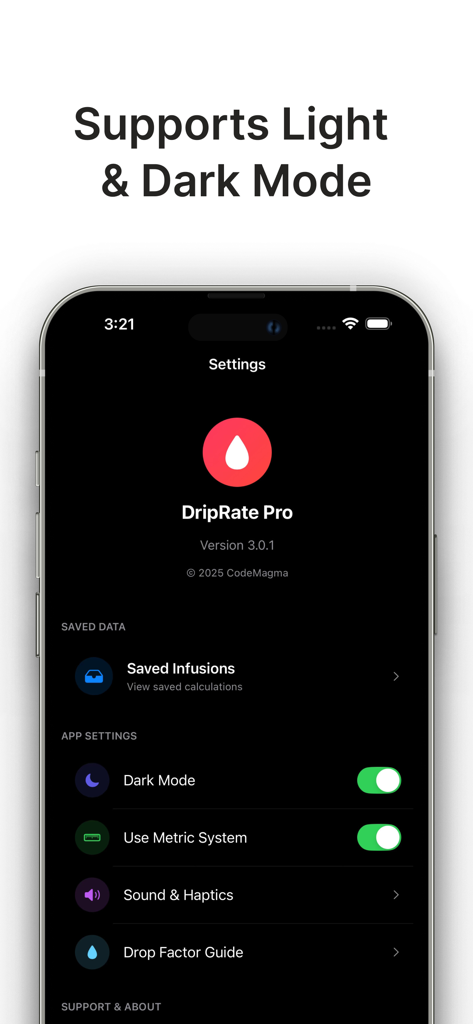 Drip Rate Infusion Calculator - DripRate Pro app settings screen featuring dark mode and metric system toggles.