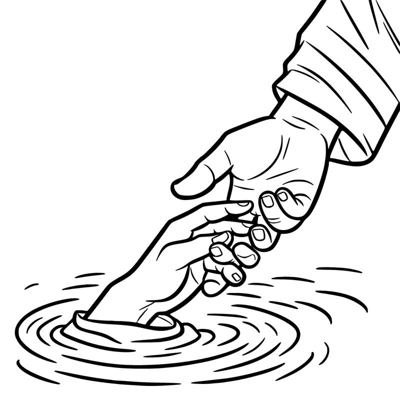 jesus’ hand going down into water to grab someone else’s hand