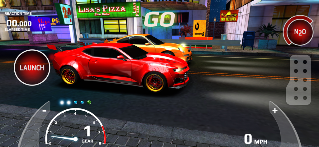 Rush Racing 2 - Drag Racing - A red muscle car and an orange car at the starting line of a night street drag race