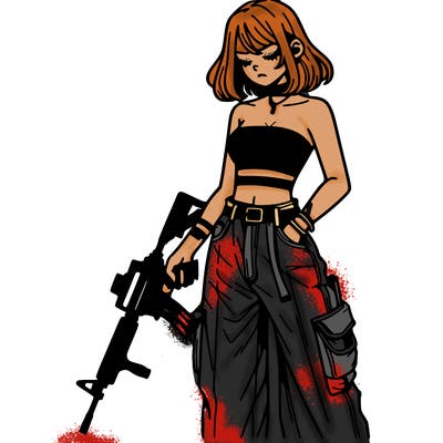 a dangerous girlcrop top and baggy jeans with a rifle in her hand