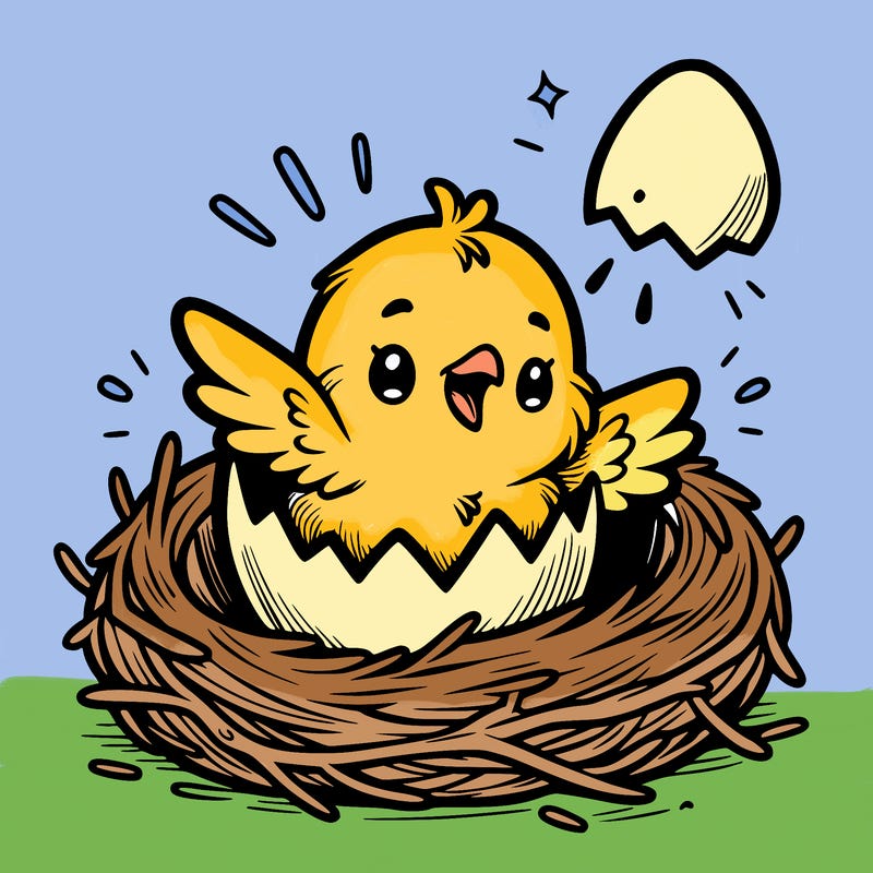 a baby chick hatching from an egg in a nest