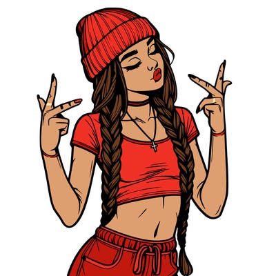 realistic teenage girl with braids and a beanie and crop top doing 🫶🏼