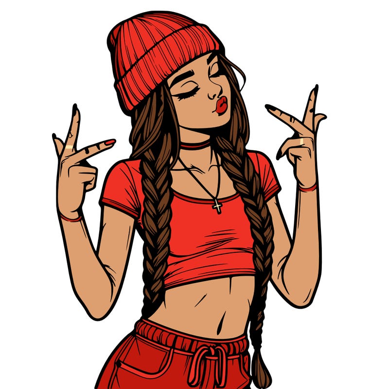 realistic teenage girl with braids and a beanie and crop top doing 🫶🏼