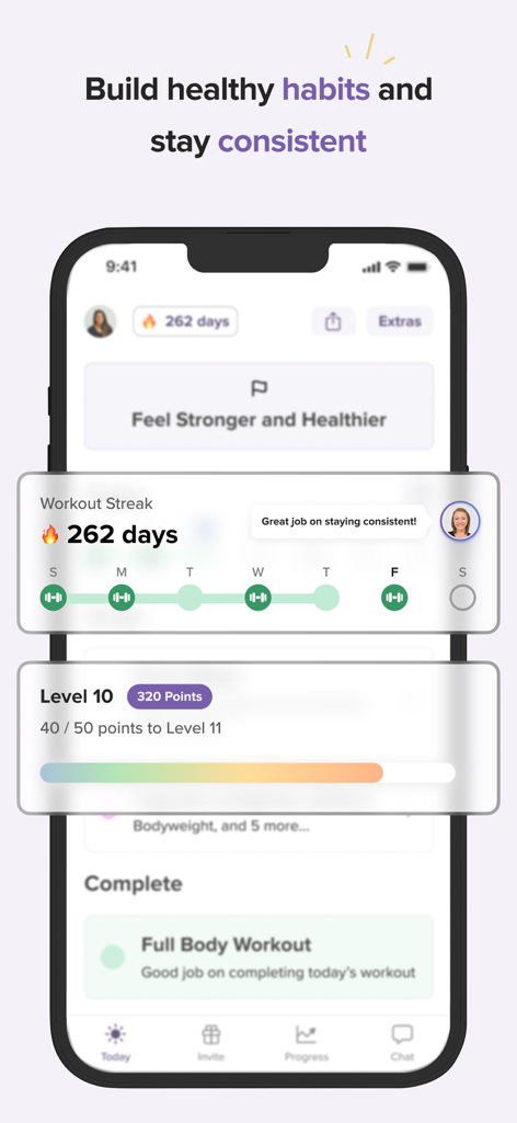 262일 운동 연속 기록과 진행률 수준을 표시하는 trainwell 앱 대시보드