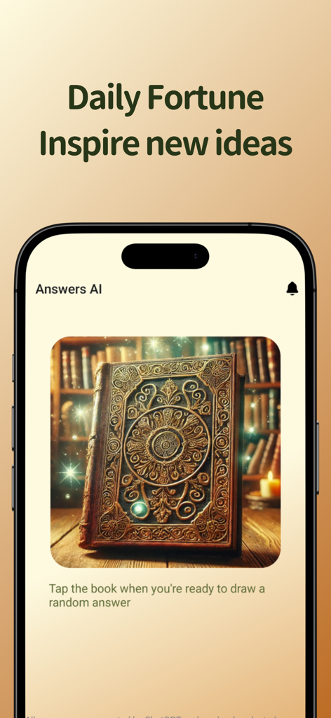 The Book of Answers: AnswersAI - Écran d'iPhone montrant un livre ancien mystique utilisé pour la fortune quotidienne et l'inspiration par IA.