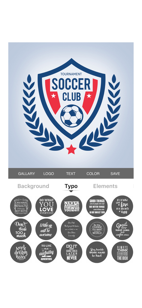 Logo Maker : Logo Design Maker - Mobile app interface showing a soccer club logo and various typography templates for business branding.
