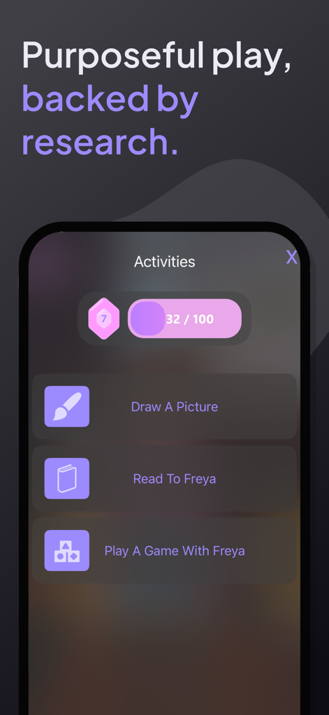 Zura - Learn, Play, Grow - The activities dashboard in the Zura app showing choices for drawing reading and playing games with Freya.
