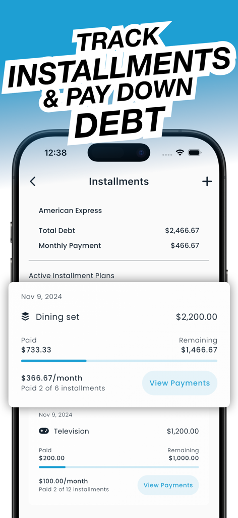 NEKO: Budget & Bill Organizer - Mobile app screen for tracking monthly installments and debt repayment progress with visual status bars