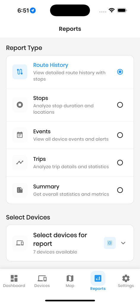 GPS Pro using Traccar - GPS Pro reports screen showing options for route history stops events and trips