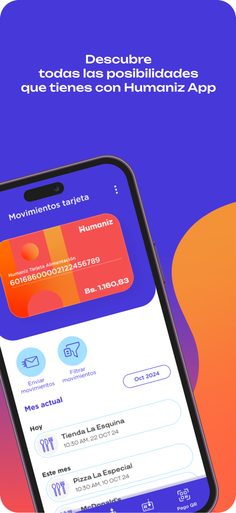Humaniz App - Humaniz App interface showing a digital food card balance and transaction history in Spanish