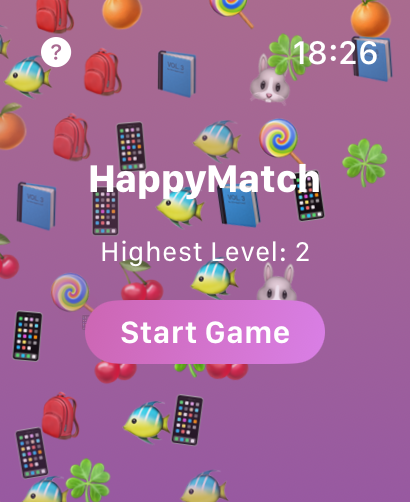 Happy Match for Watch - O menu principal do jogo Happy Match for Watch com um botão de início e emojis coloridos