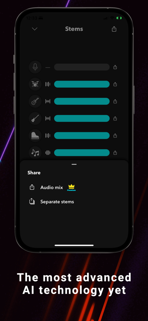 Splitteroo app interface showing separated audio tracks and sharing options