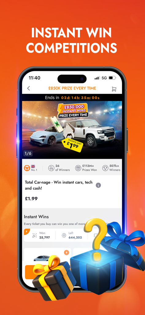 BOTB - Win Your Dream Car - Captura de pantalla de la aplicación móvil BOTB mostrando competiciones de ganancias instantáneas para coches de lujo y premios tecnológicos a partir de una libra noventa y nueve.