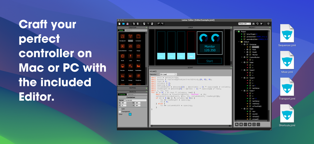 Lemur Desktop Editor interface showing custom MIDI controller design and scripting panels