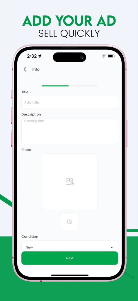 Smartphone screen showing the DitchIt app interface to create a new local listing and add item details