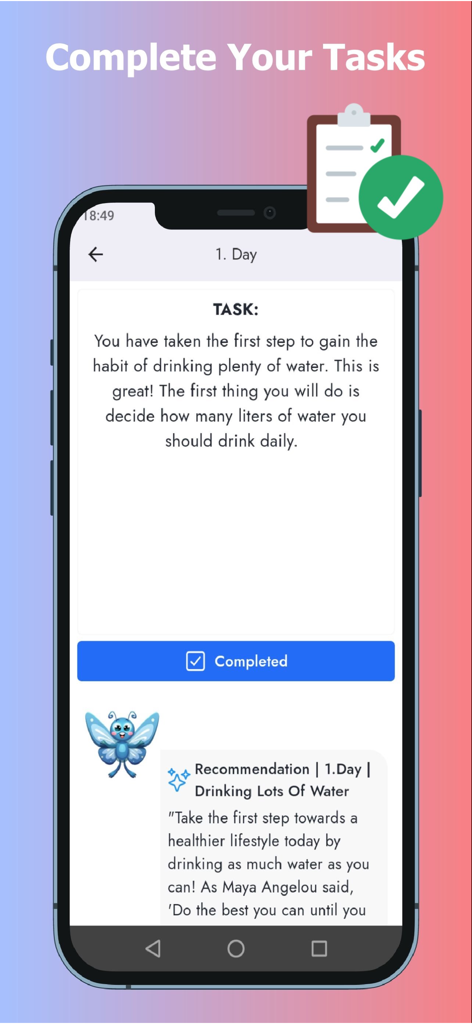 완료 상태로 일일 물 마시기 작업을 보여주는 Wipepp 습관 추적기 앱 화면.